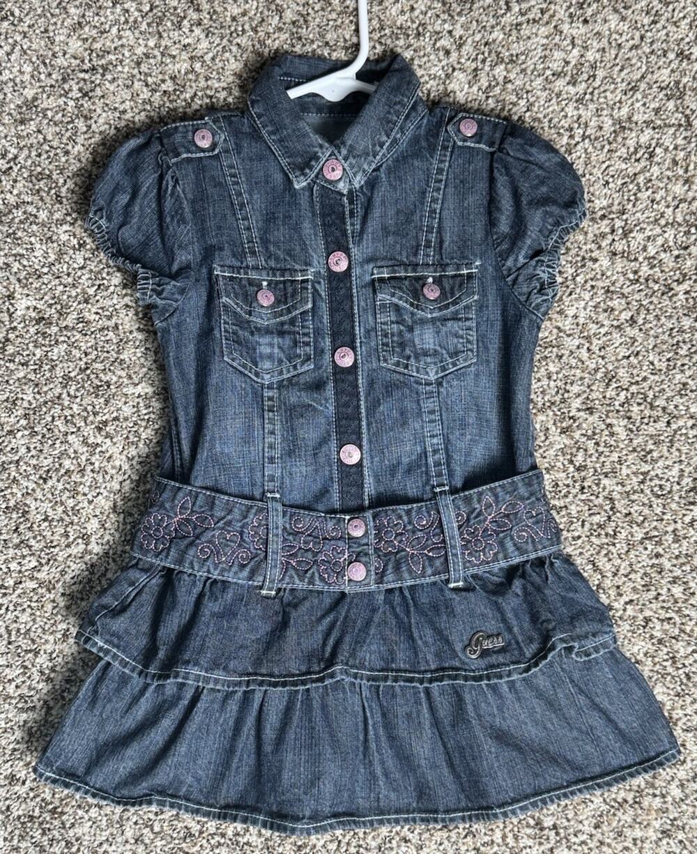 Y2K Baby Guess Denim Dress Girls Sz 24M Tiered Ruffle Puff Sleeve Belt Western - Picture 1 of 8